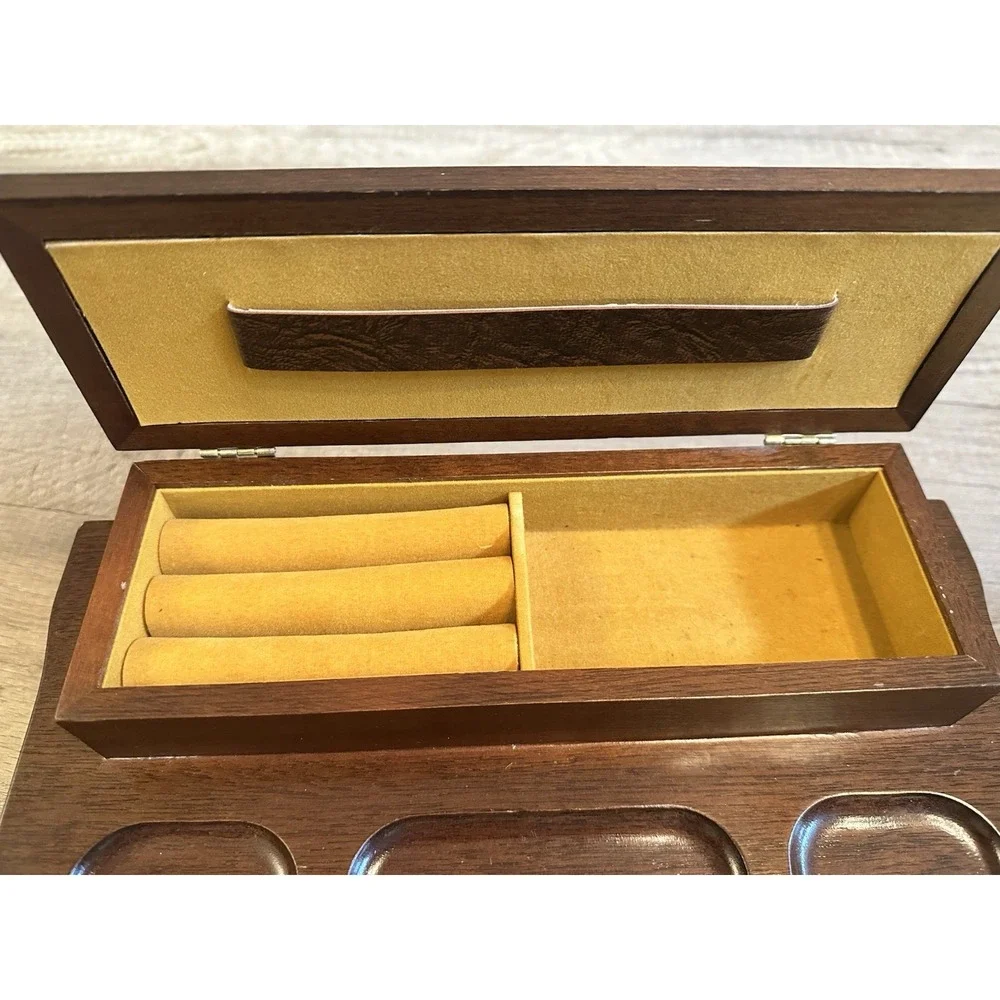 Vintage Wooden Valet Jewelry Box Ring Organizer W/ Drawer Tray London Leather